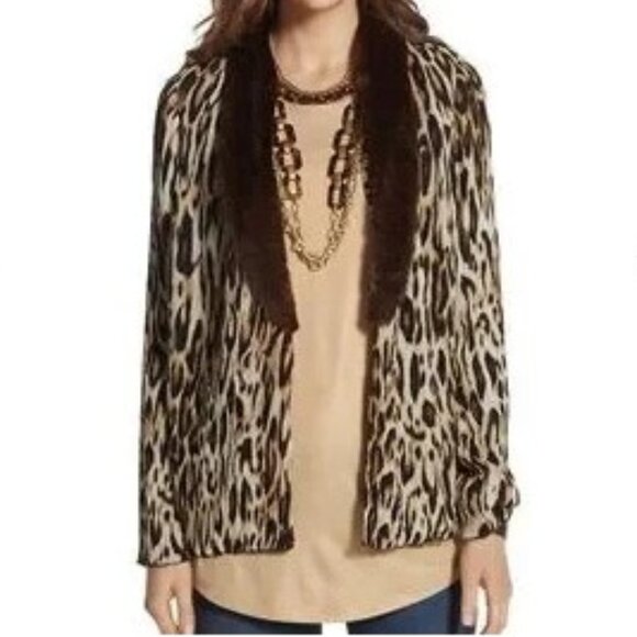 Chico's Cardigan Med Cheetah Brown Beige Black Faux Fur Trim Preppy - Picture 6 of 6